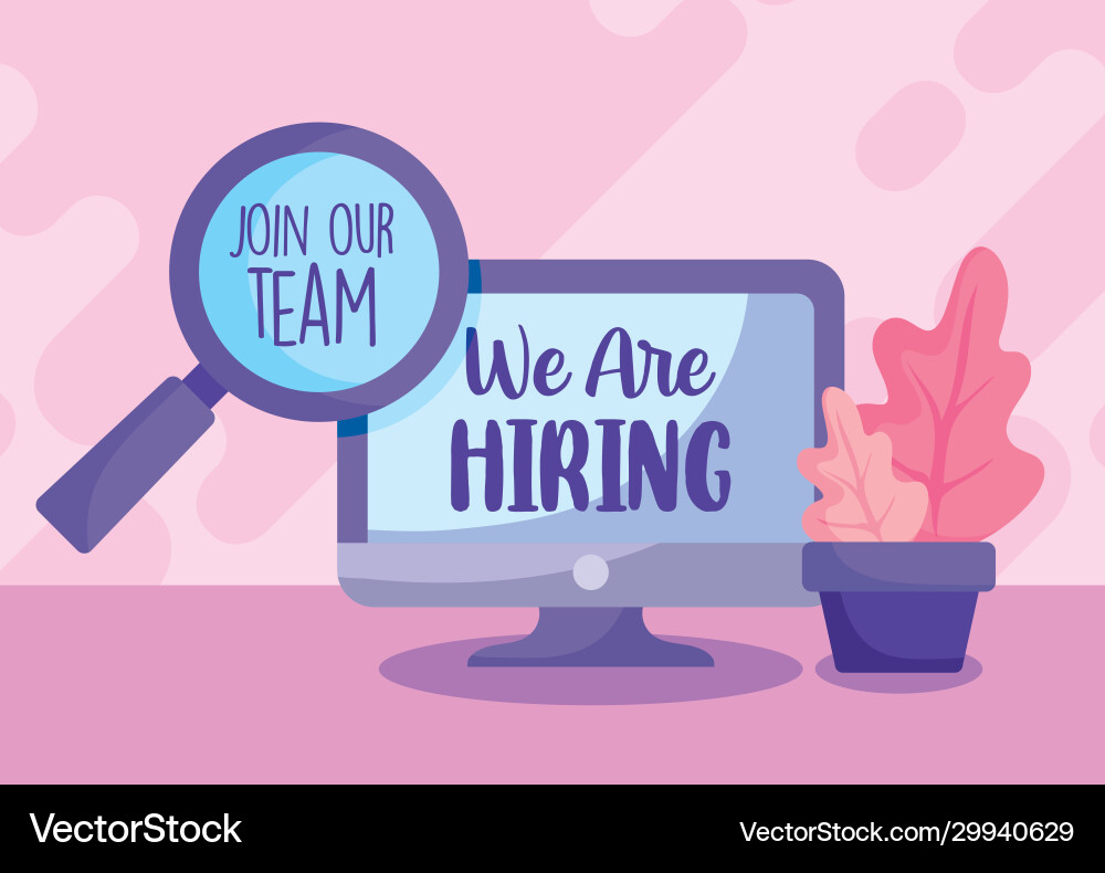 We are hiring message with computer and lupe Vector Image