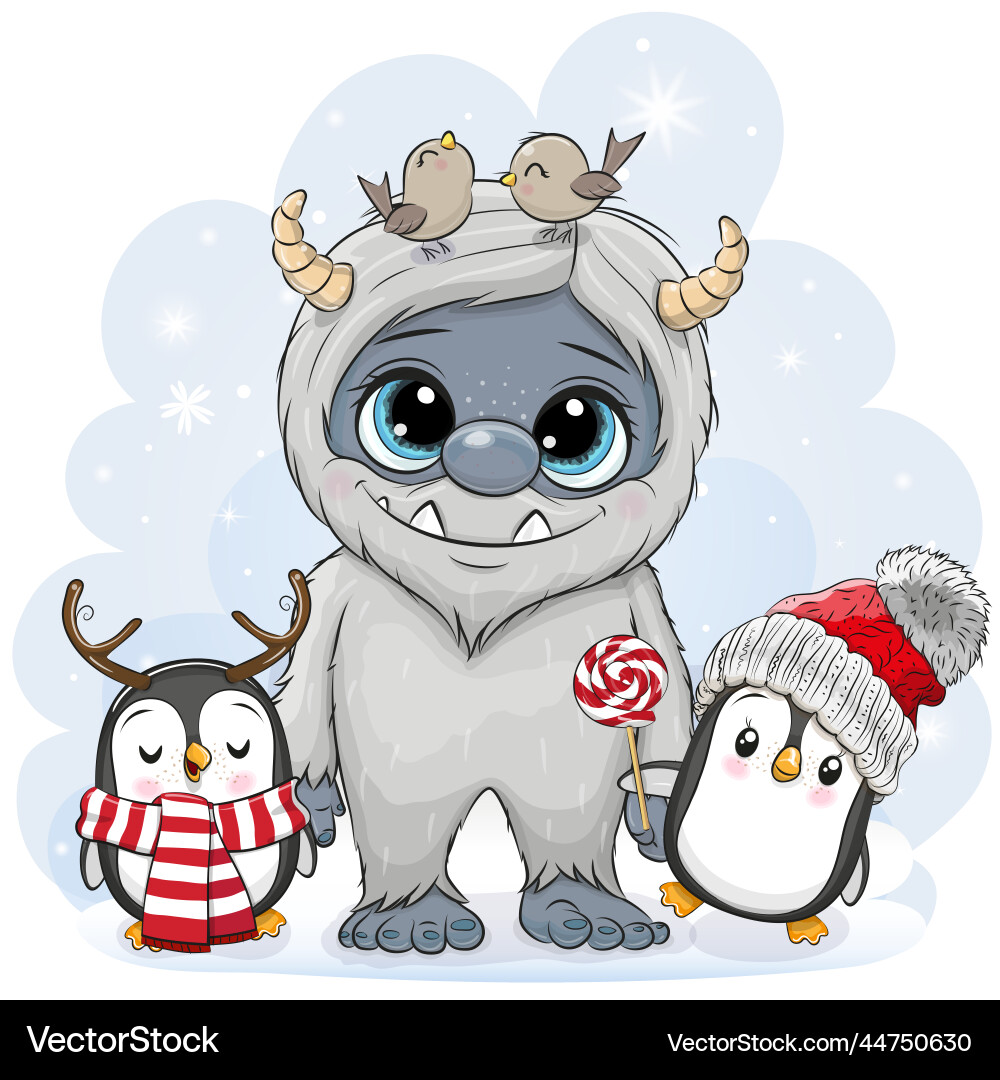 Cartoon yeti with two penguins on the snow Cartoon yeti with two penguins on the snow vector image
