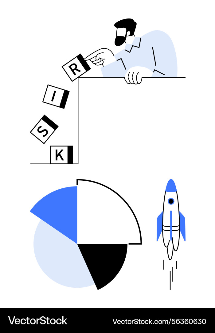 Man managing risk blocks pie chart and rocket Man managing risk blocks pie chart and rocket vector image