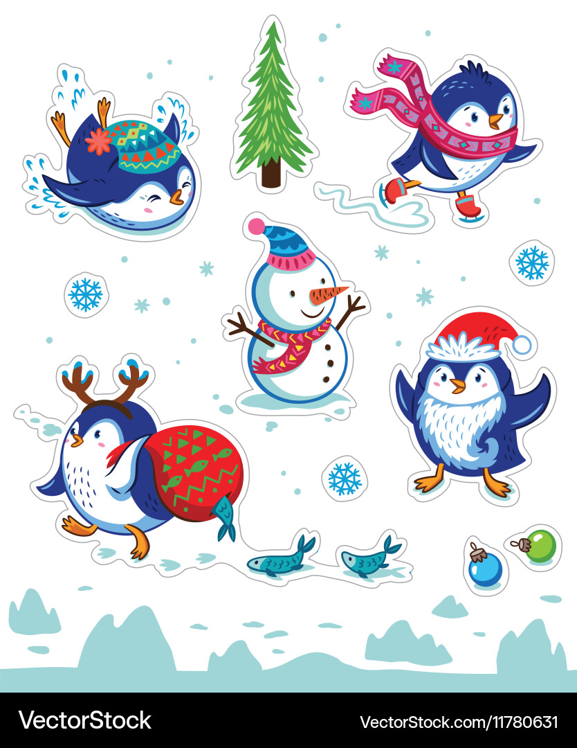 Cute Penguin Sticker Set - Winter Fun Vector Image