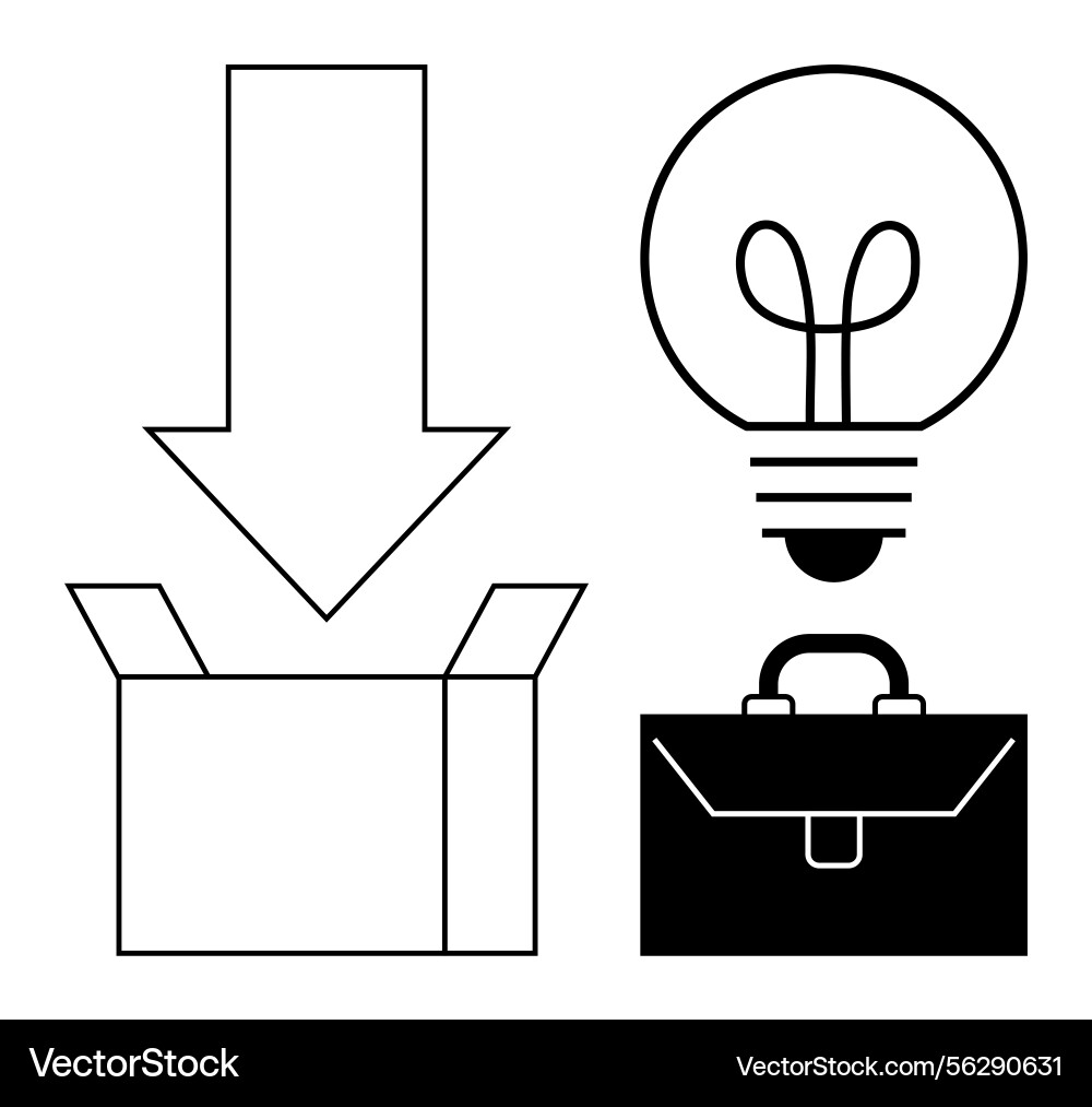 Lightbulb arrow into box and briefcase Lightbulb arrow into box and briefcase vector image