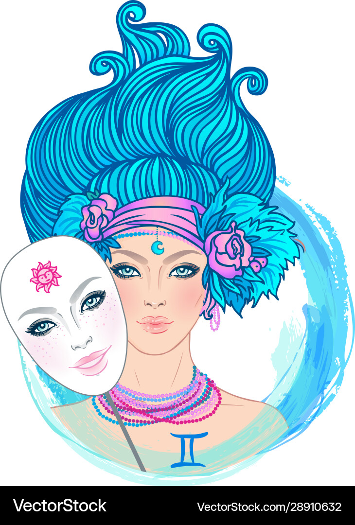 Gemini Zodiac Girl with Mask Vector Image