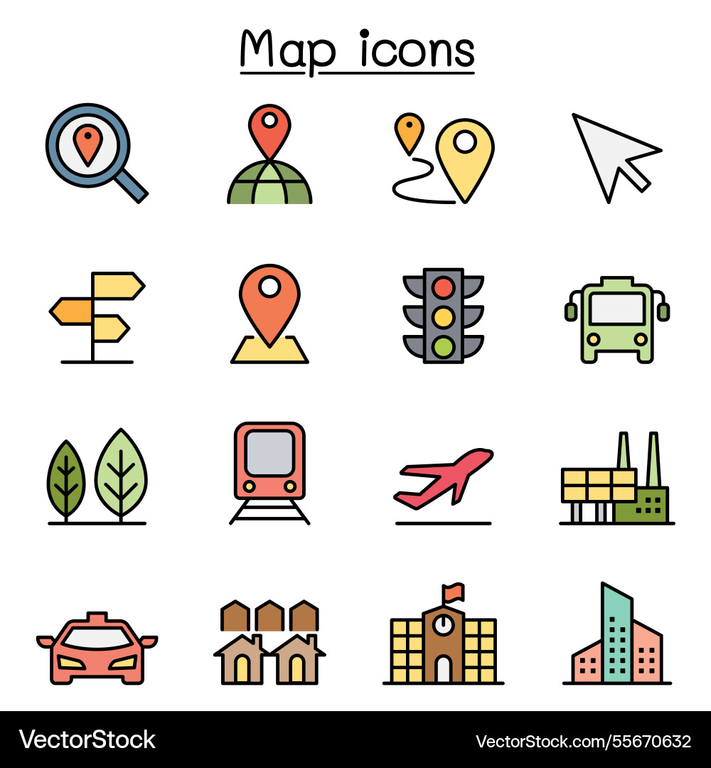 Maps and symbol icon set in color line style Maps and symbol icon set in color line style vector image