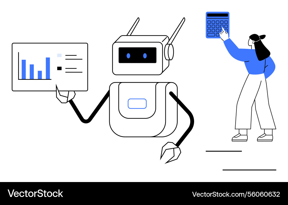 Robot presenting data graph as a woman calculates Robot presenting data graph as a woman calculates vector image