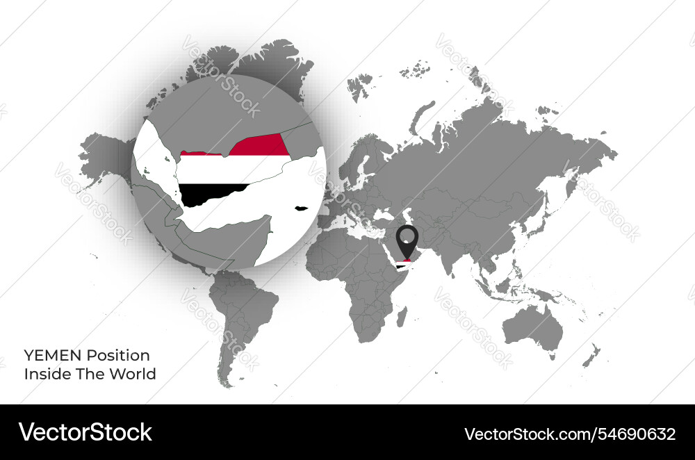Yemen position inside the world with flag in map Vector Image