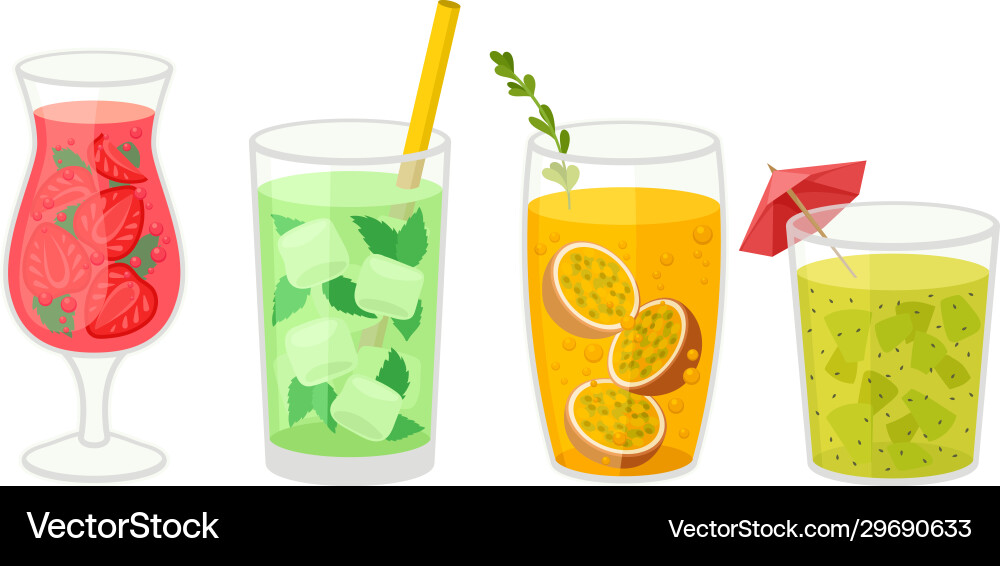 Fresh cocktails and smoothies in glass with straw Fresh cocktails and smoothies in glass with straw vector image