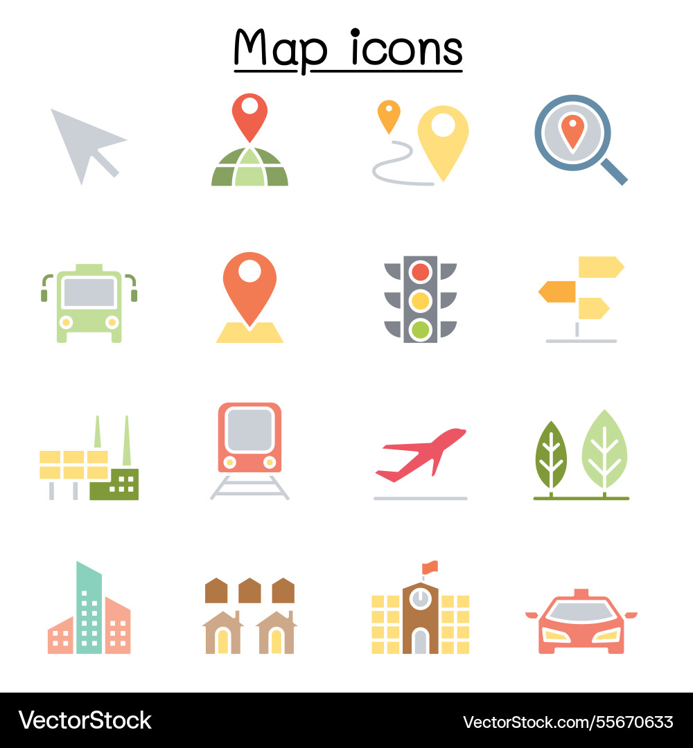 Maps and symbol icon set in flat color style vector image