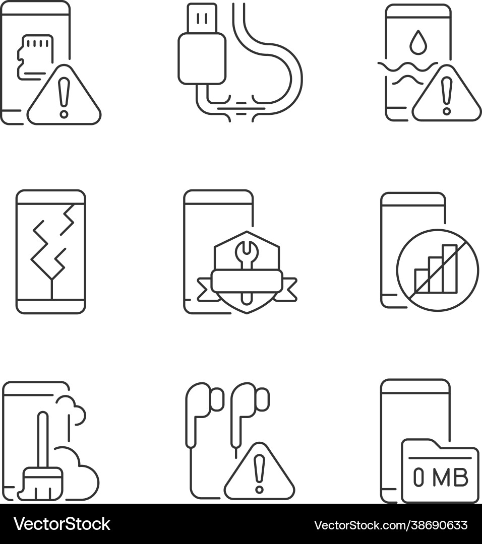 Mobile phone technical issues linear icons set Mobile phone technical issues linear icons set vector image