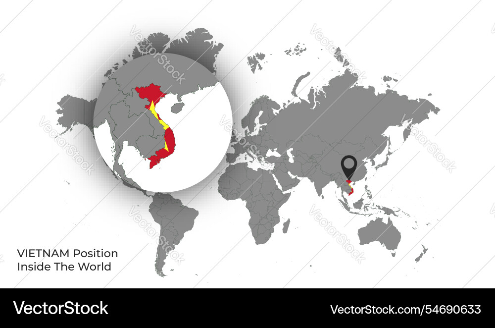 Vietnam position inside the world with flag in map vector image