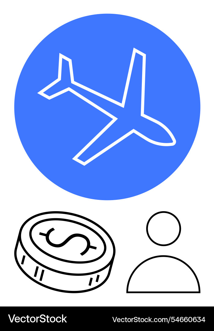 Airplane with coin and user icon representing Airplane with coin and user icon representing Vector Image
