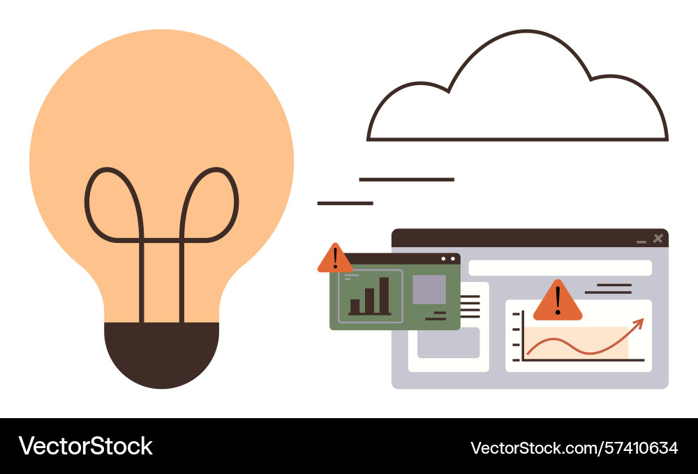 Light bulb and cloud with data warning symbols Light bulb and cloud with data warning symbols vector image