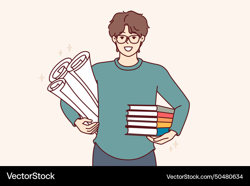 Man student with textbooks and papers for creating vector image