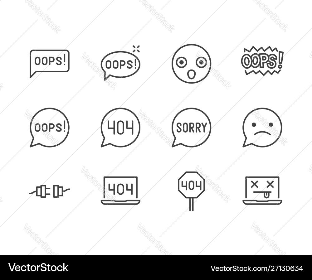 Oops message flat line icons set 404 error Oops message flat line icons set 404 error vector image