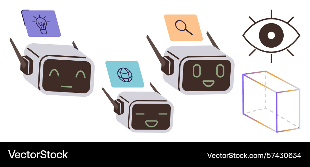 Robots with floating icons depicting ideas Robots with floating icons depicting ideas vector image