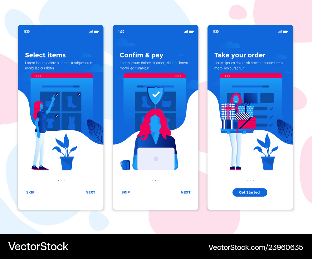 Flat design oneboarding concepts - e-commerce app Flat design oneboarding concepts - e-commerce app vector image