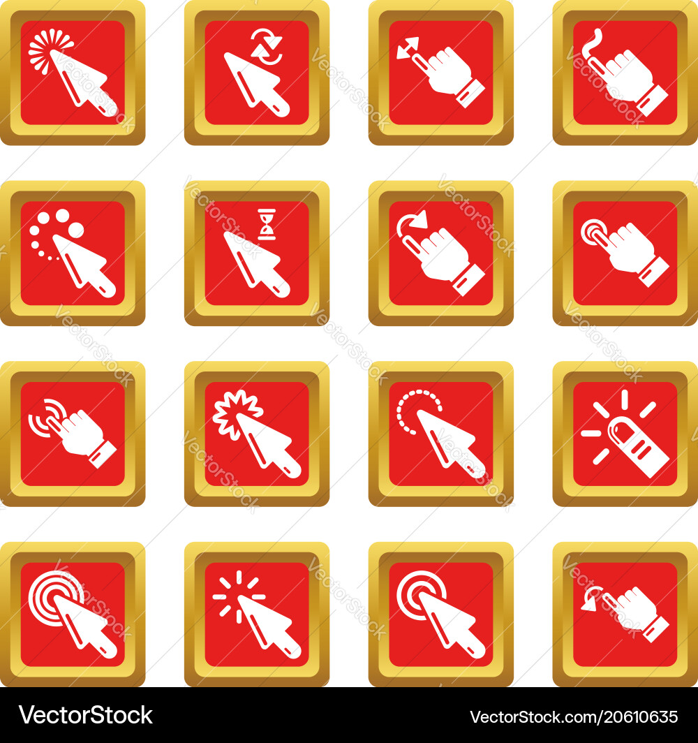 Hand click icons set red square Vector Image