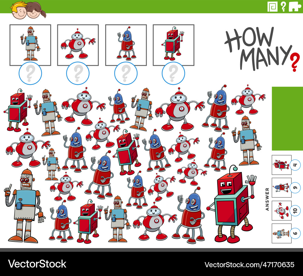 How many cartoon robot characters counting game vector image