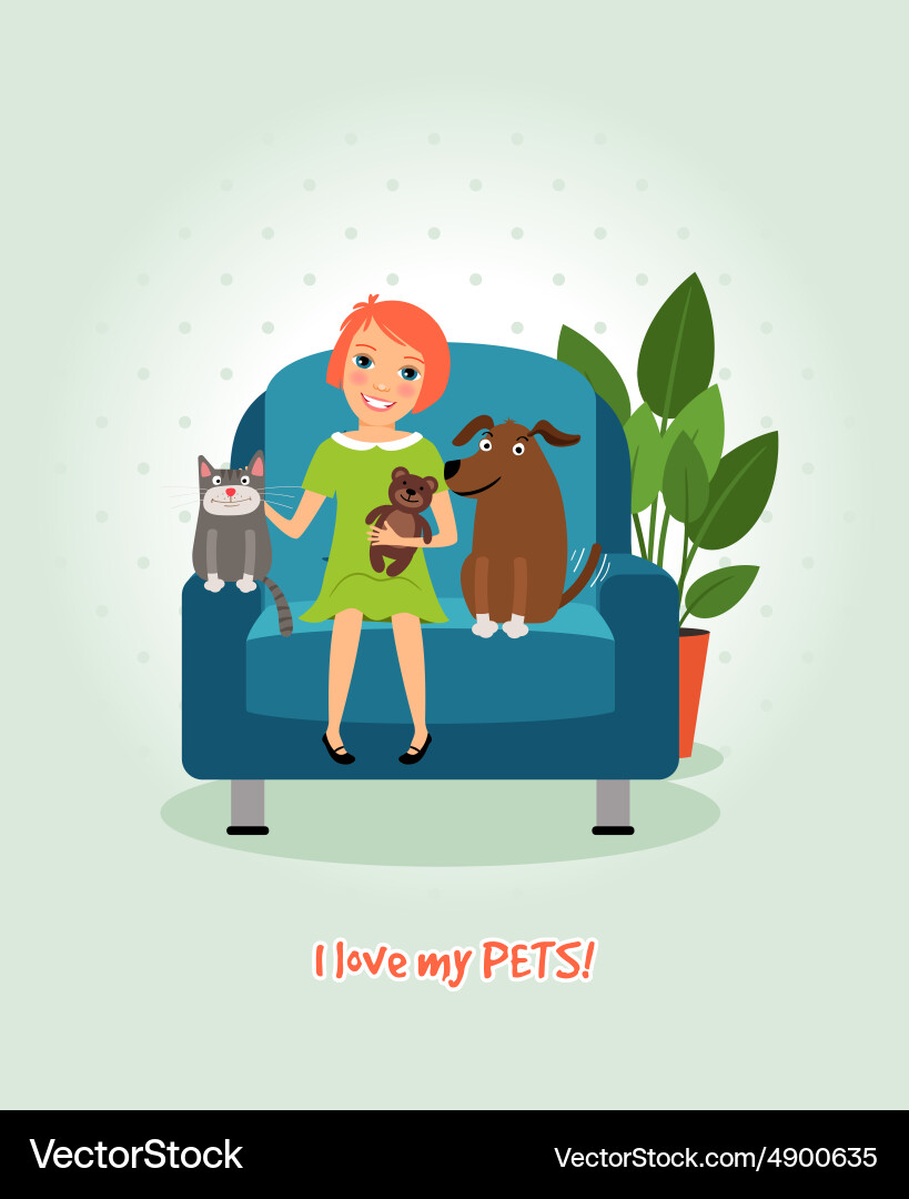 Ich liebe meine Haustiere Mädchen auf Sessel mit Hund und Katze Ich liebe meine Haustiere Mädchen auf Sessel mit Hund und Katze Vektorbild