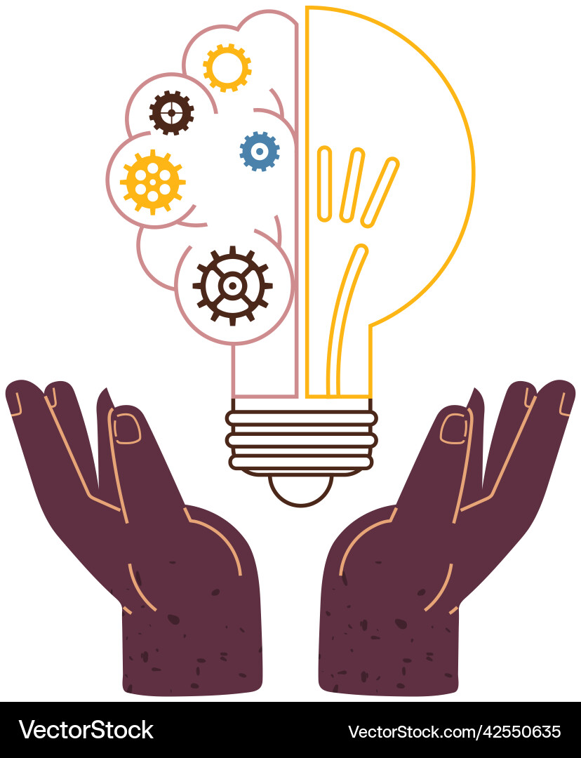 Light bulb with gears between hands creation Light bulb with gears between hands creation vector image