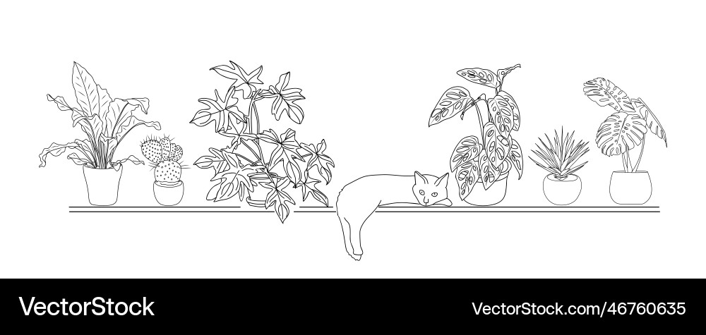 Linienzeichnung der süßen Katze mit Hauspflanzen Linienzeichnung der süßen Katze mit Hauspflanzen vektorbild