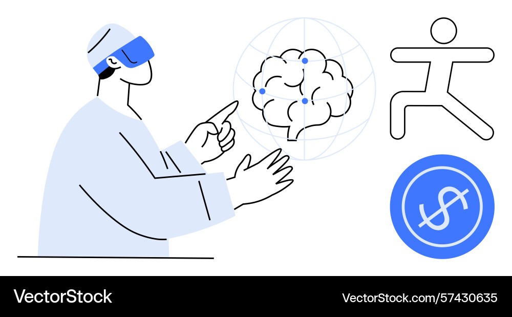 Virtual reality user exploring brain data Virtual reality user exploring brain data vector image