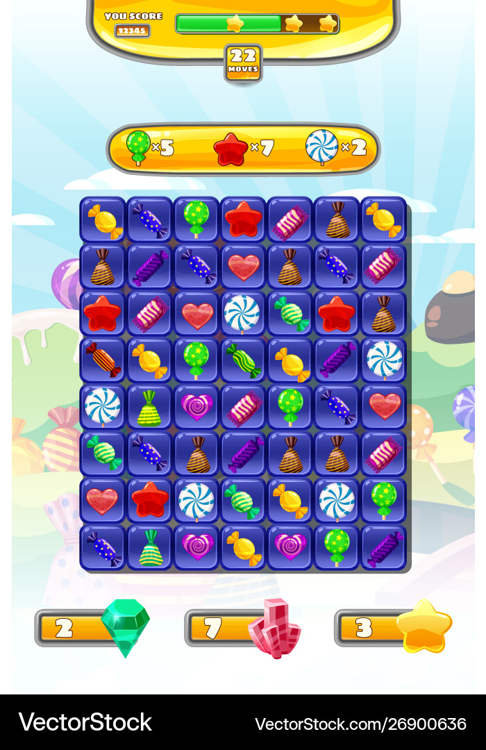 Game ui candy match 3 set icons buttons Game ui candy match 3 set icons buttons vector image