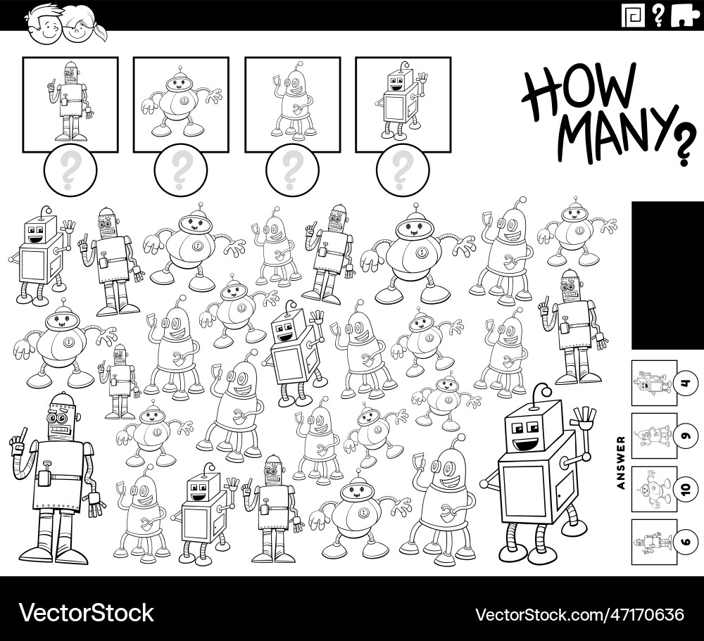 How many cartoon robots counting game coloring How many cartoon robots counting game coloring vector image