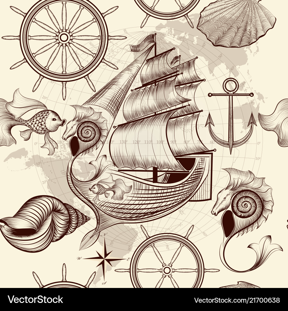 Antique pattern with ship shells and map vector image