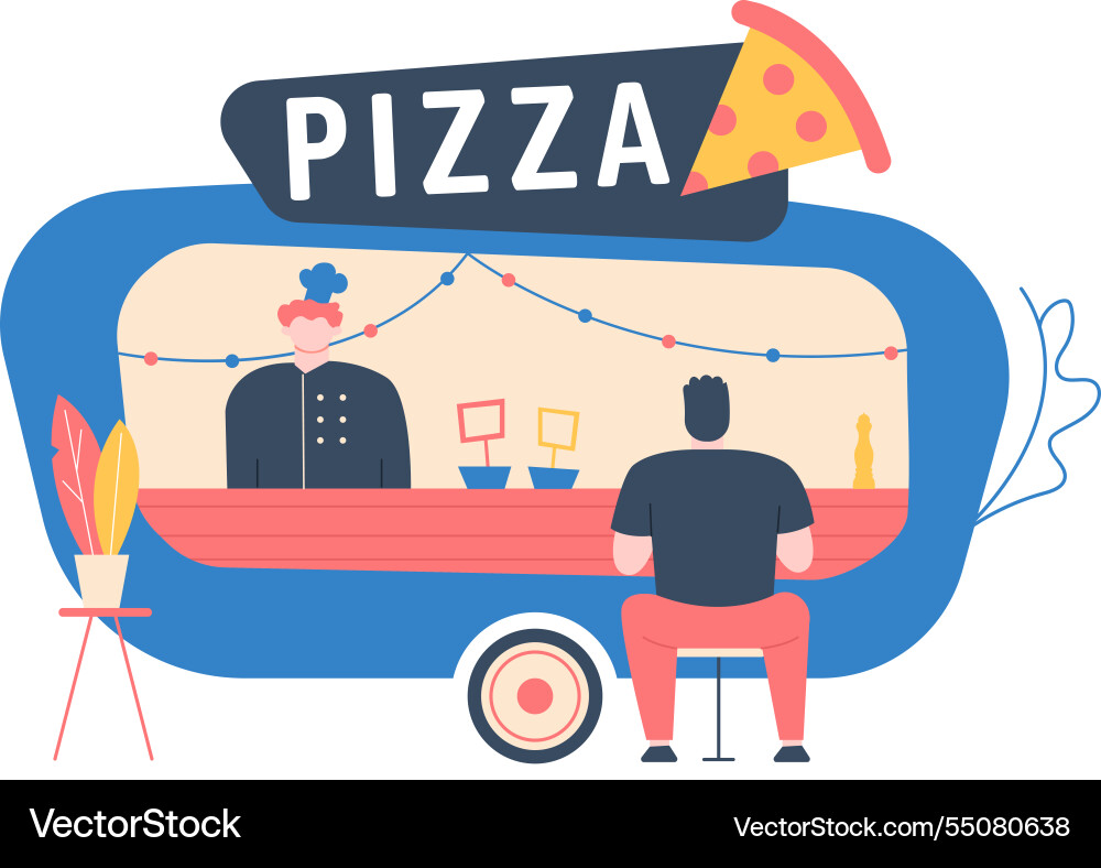 Chef serving a customer ordering pizza at food Chef serving a customer ordering pizza at food vector image