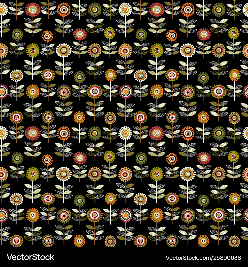 Dotted flowers arranged in rows on black Vector Image