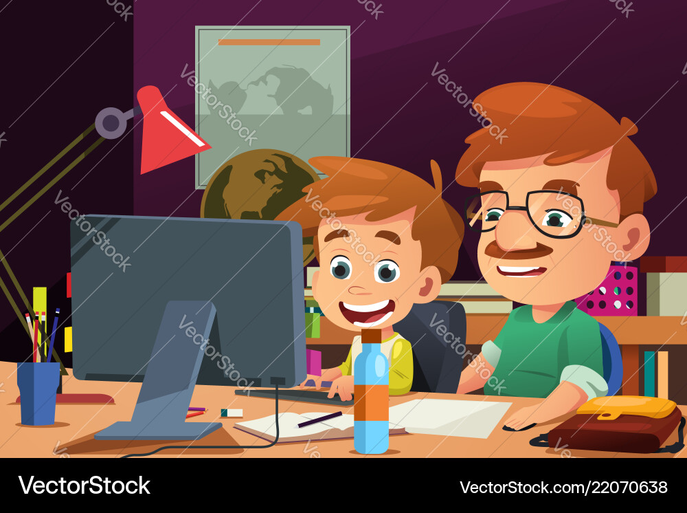 Father and son working on a computer vector image