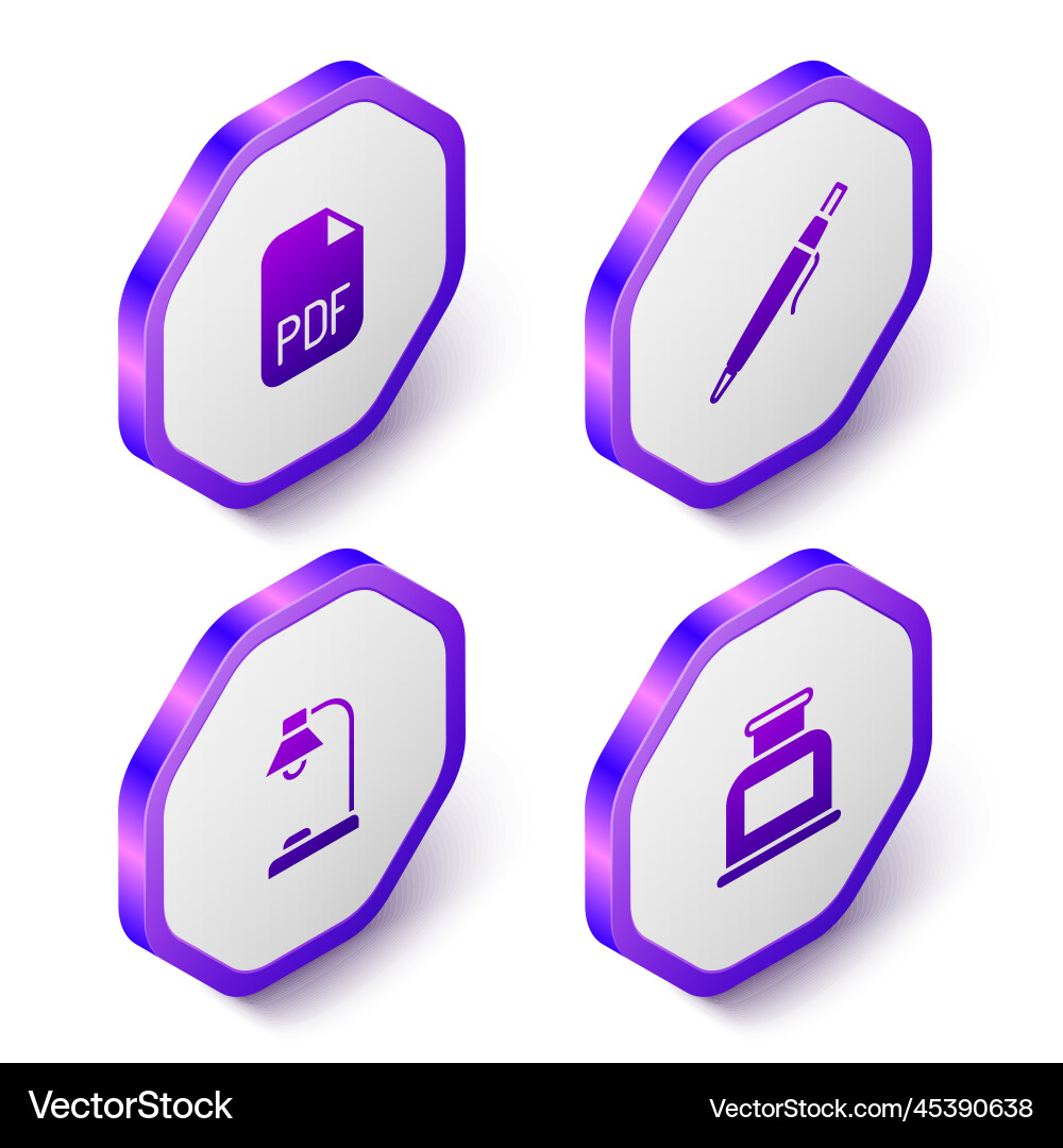 Set isometric pdf file document pen table lamp Set isometric pdf file document pen table lamp Vector Image