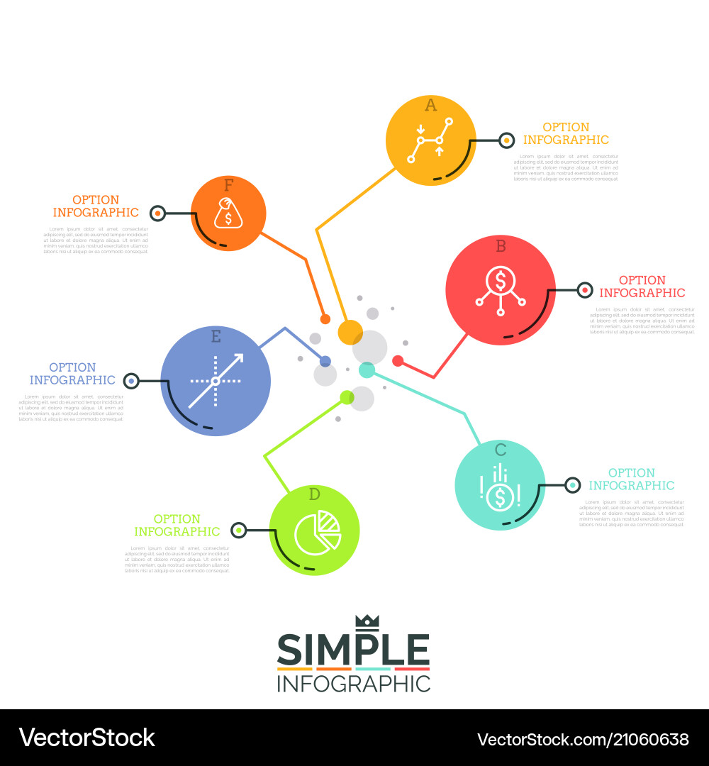 Six lettered round elements connected with center Six lettered round elements connected with center vector image
