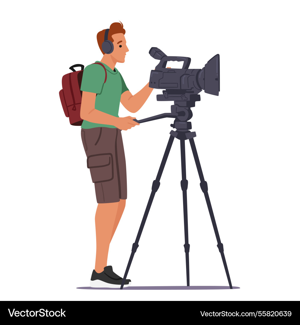 Young man blogger with camcorder making interview Young man blogger with camcorder making interview vector image