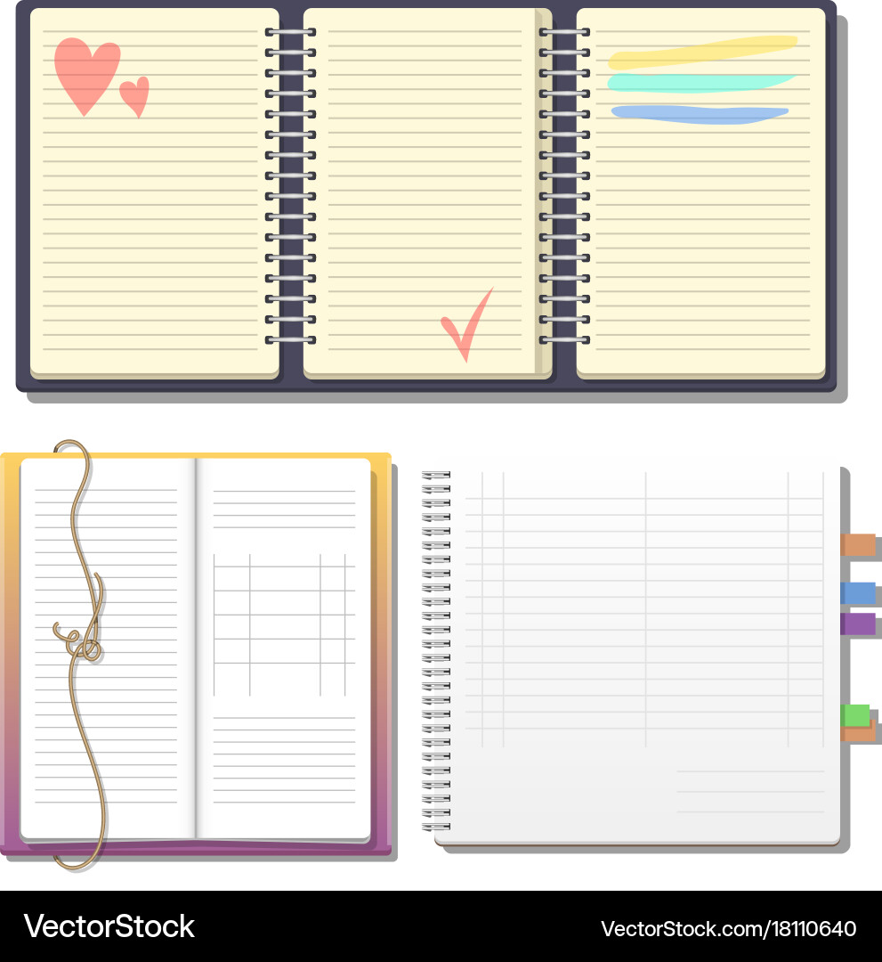 Set of open realistic notebooks with pages diary Vector Image