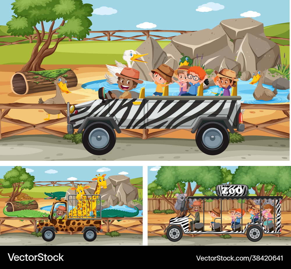 Different safari scenes with animals and kids Different safari scenes with animals and kids vector image