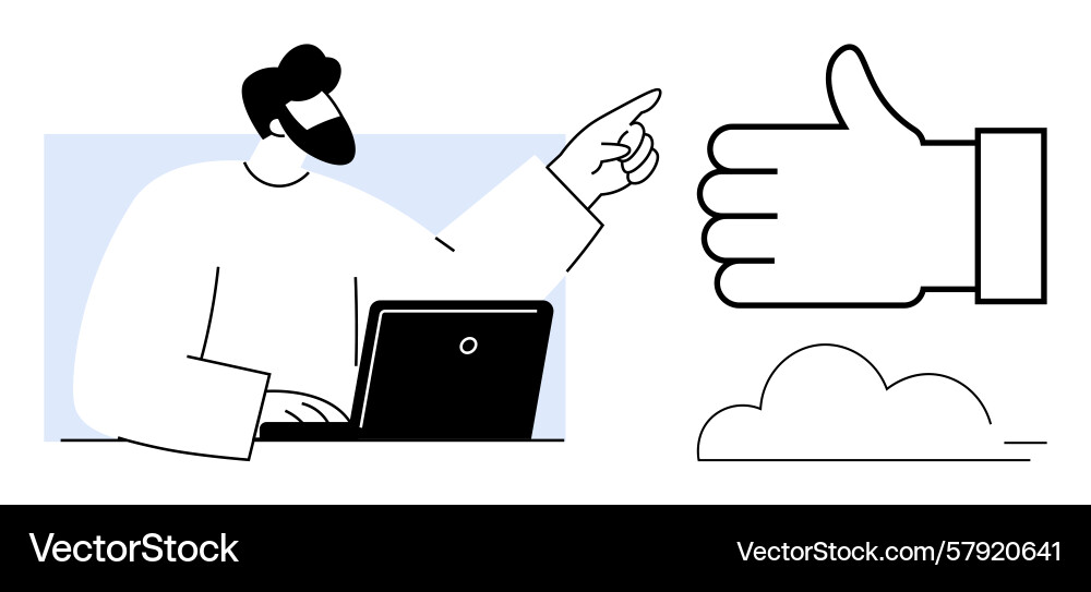 Man working on laptop points at approval gesture Vector Image