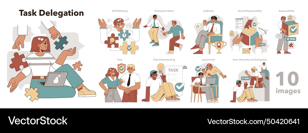 Task delegation set Task delegation set vector image