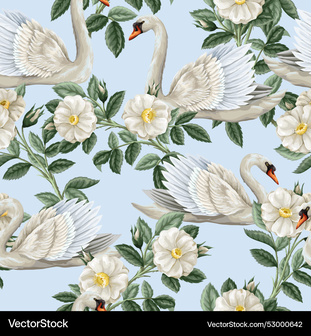 Seamless pattern with white swan and roses Vector Image