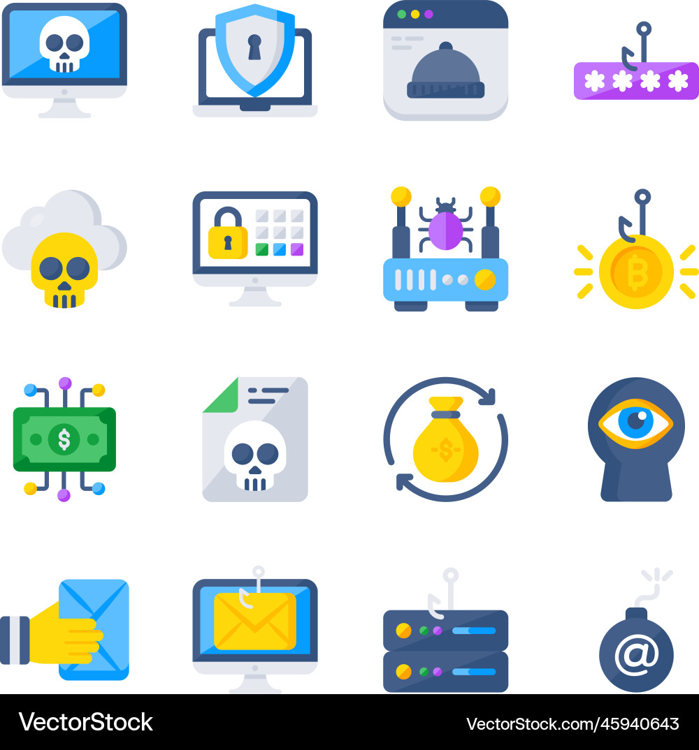 Pack of hacking and security flat icons vector image