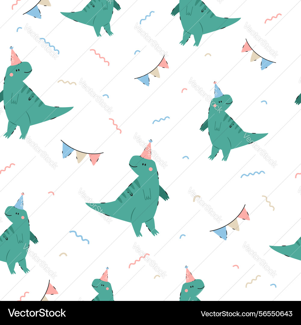 Seamless pattern with festive dinosaurs birthday Seamless pattern with festive dinosaurs birthday Vector Image