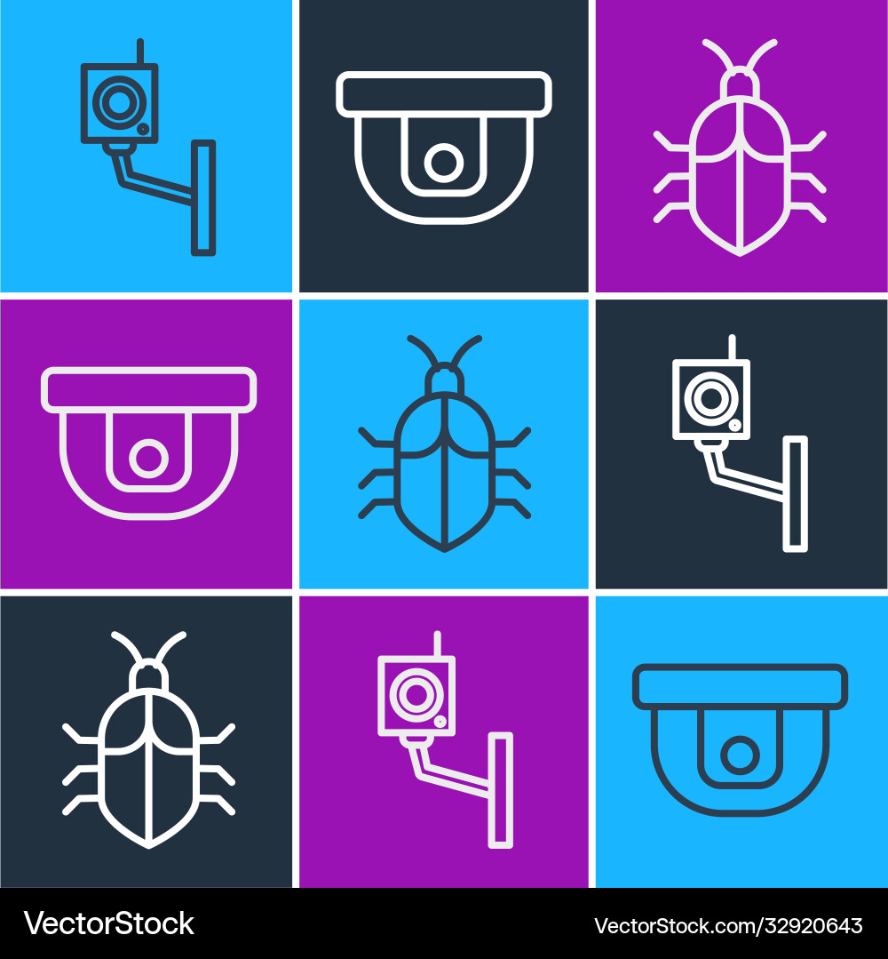 Set line security camera system bug concept Set line security camera system bug concept vector image
