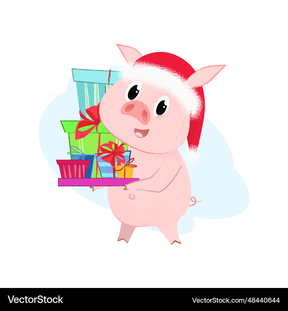Joyful piglet in santa hat carrying pile Joyful piglet in santa hat carrying pile vector image