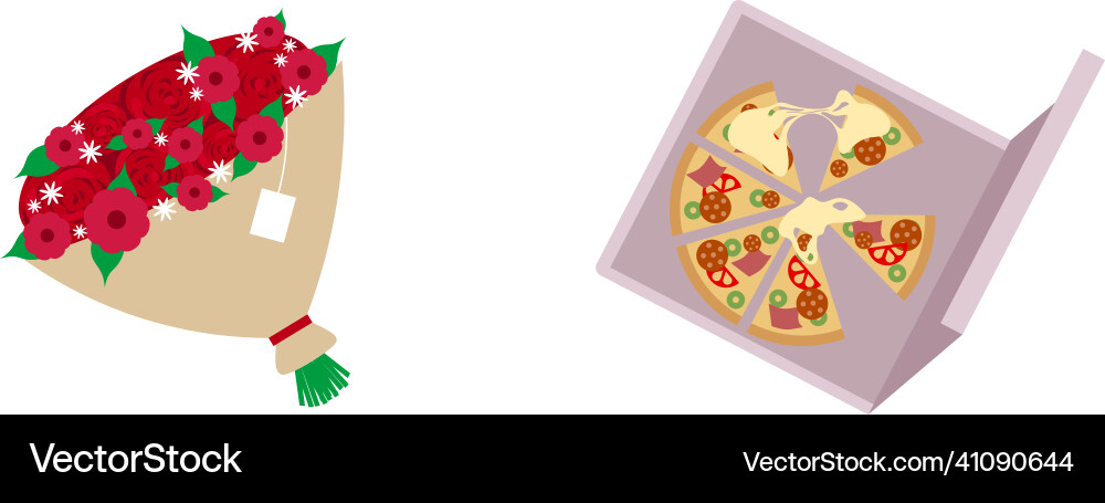 Pizza and roses flat color objects set Pizza and roses flat color objects set vector image