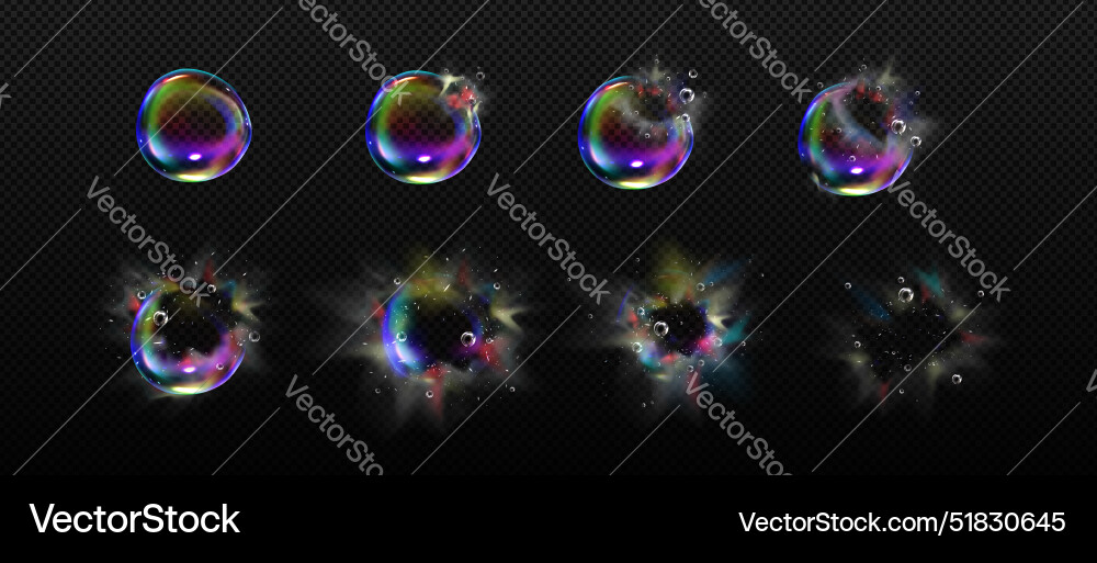 Iridescent soap bubble burst sequence steps Iridescent soap bubble burst sequence steps vector image