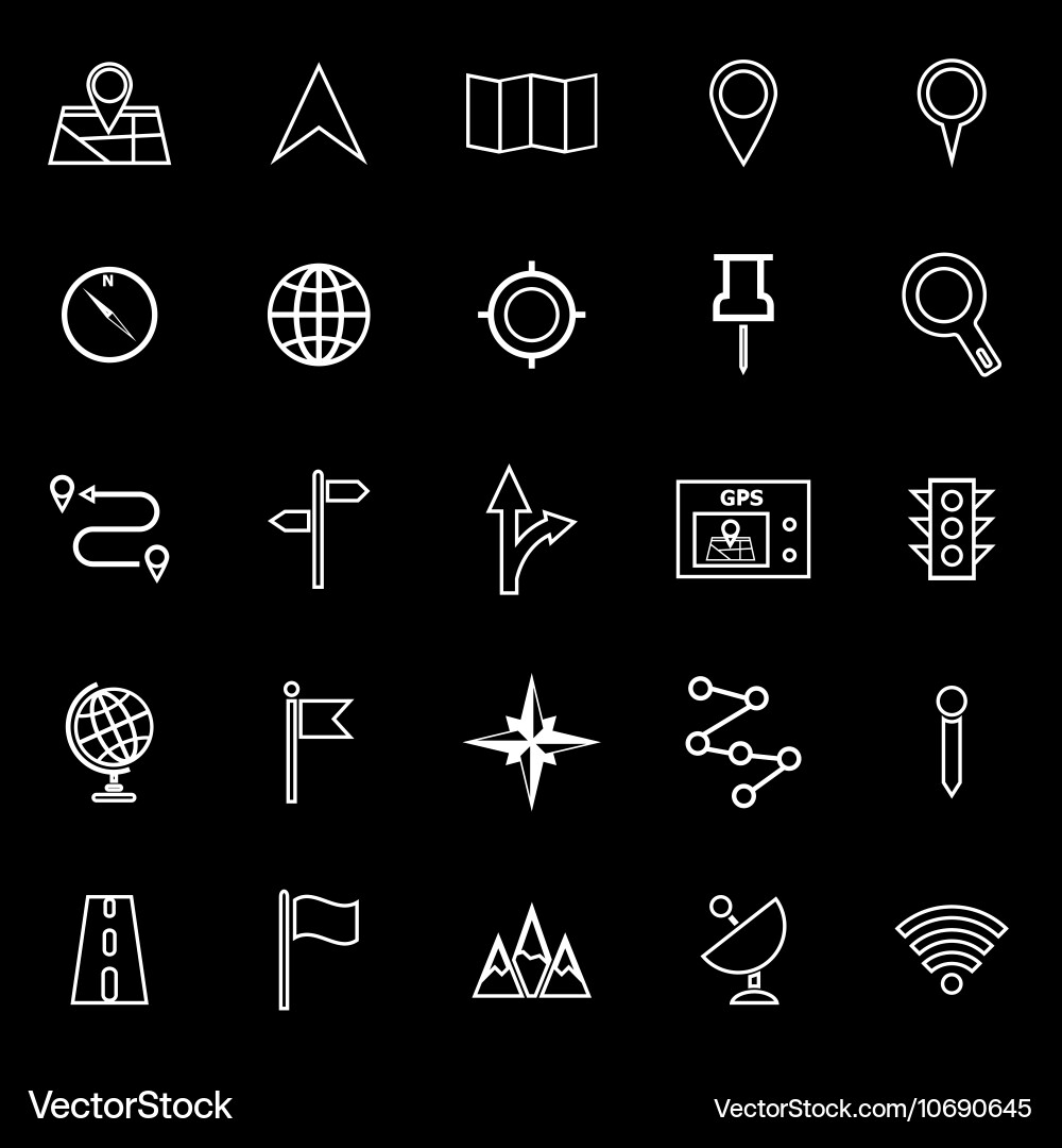 Navigation line icons on black background vector image