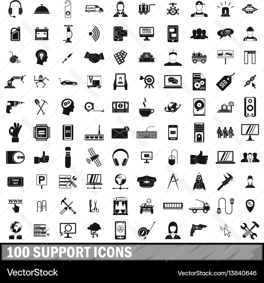 100 support icons set simple style 100 support icons set simple style vector image