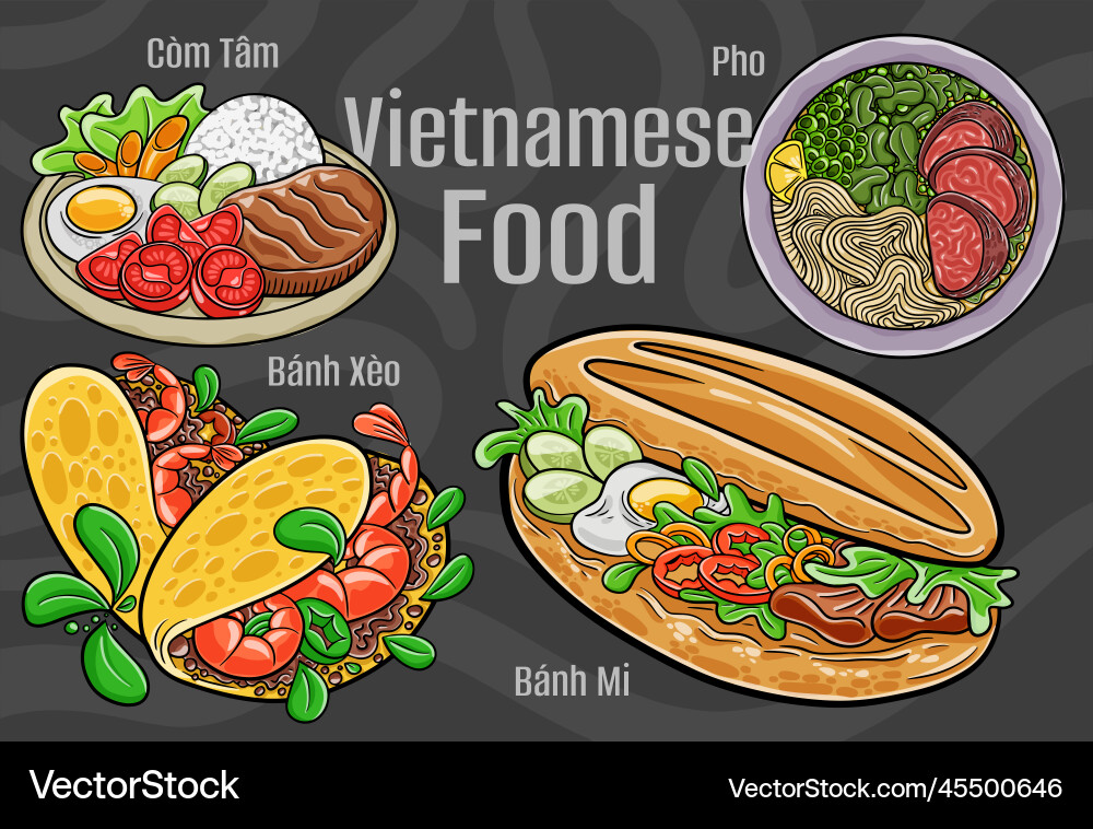 Vietnamesisches Essen eine Reihe von klassischen Gerichten Cartoon Vietnamesisches Essen eine Reihe von klassischen Gerichten Cartoon vektorbild