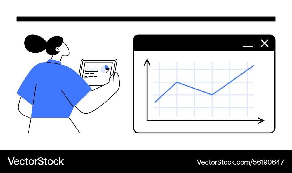Woman analyzing data on tablet with line graph Woman analyzing data on tablet with line graph Vector Image