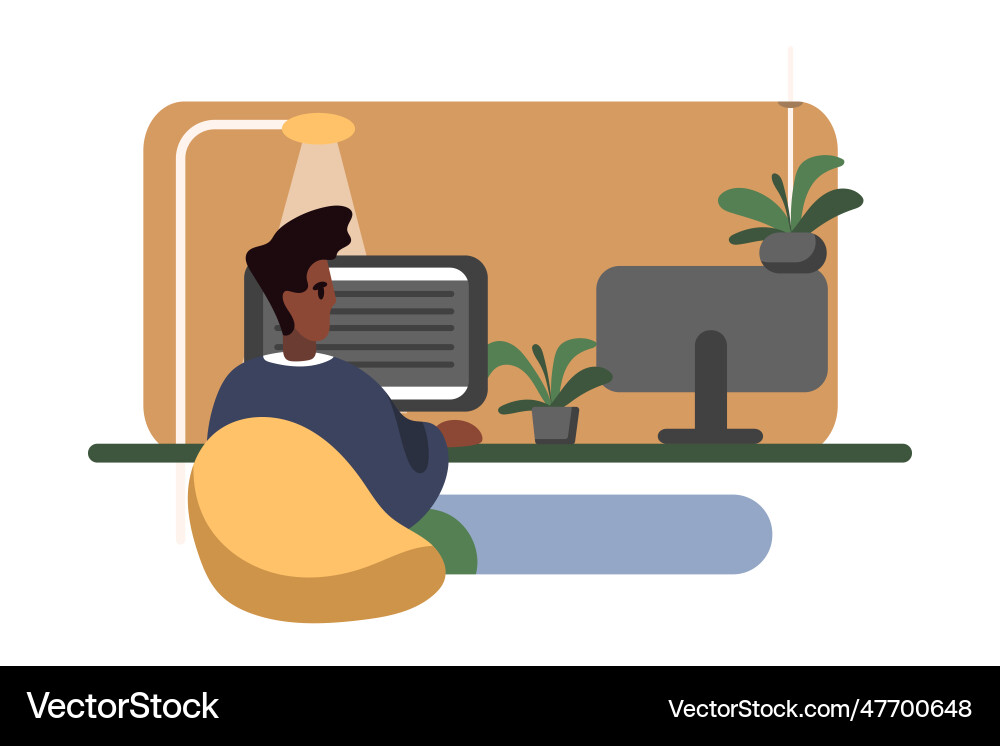 Man working at night on computer in office Vector Image